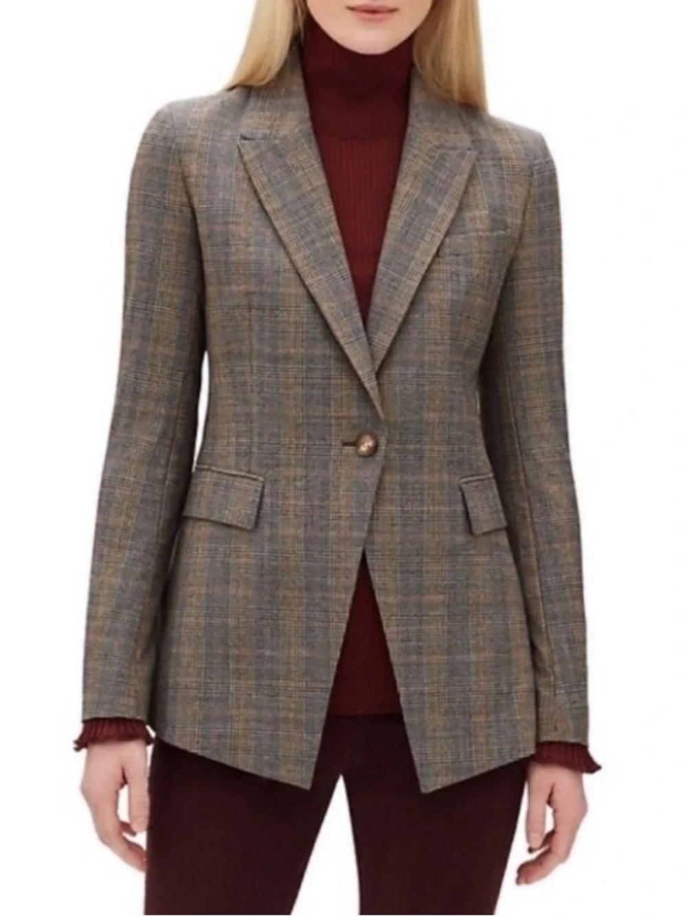 Lafayette 148 Heather One Button Glen Plaid Wool Equestrian Blazer Jacket 8